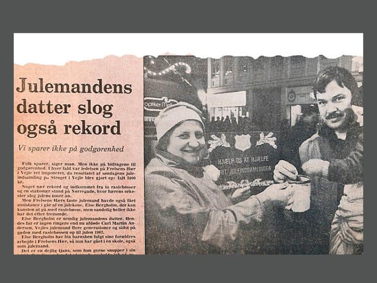 Else Bergholm, der af Vejle Amts Folkeblad blev døbt 'julemandens datter', tog arven op efter sin far og samlede ind til julehjælpen i Vejle. (Udklip fra Vejle Amts Folkeblad i december 1987).